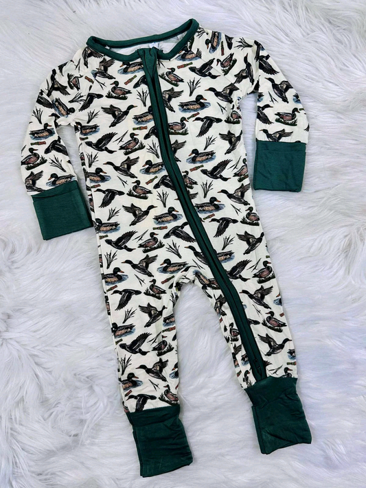 green duck  print baby long sleeve zipper romper