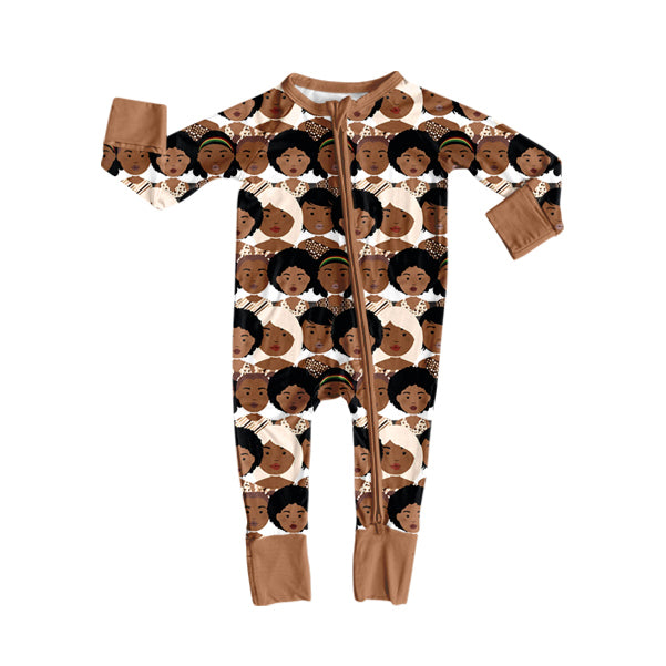 brown cartoon print baby girl long sleeve romper