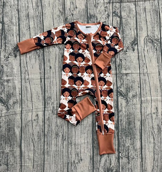 brown cartoon print baby girl long sleeve romper