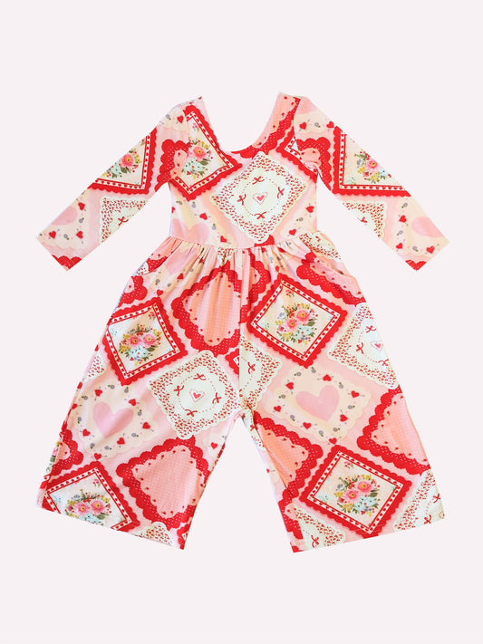 long sleeves flowers plaid kids girls jumpsuit