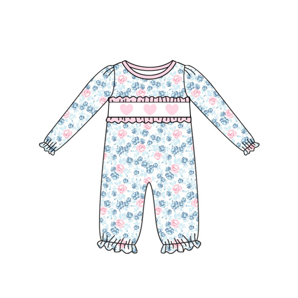 blue flowers heart print baby girl long sleeve romper