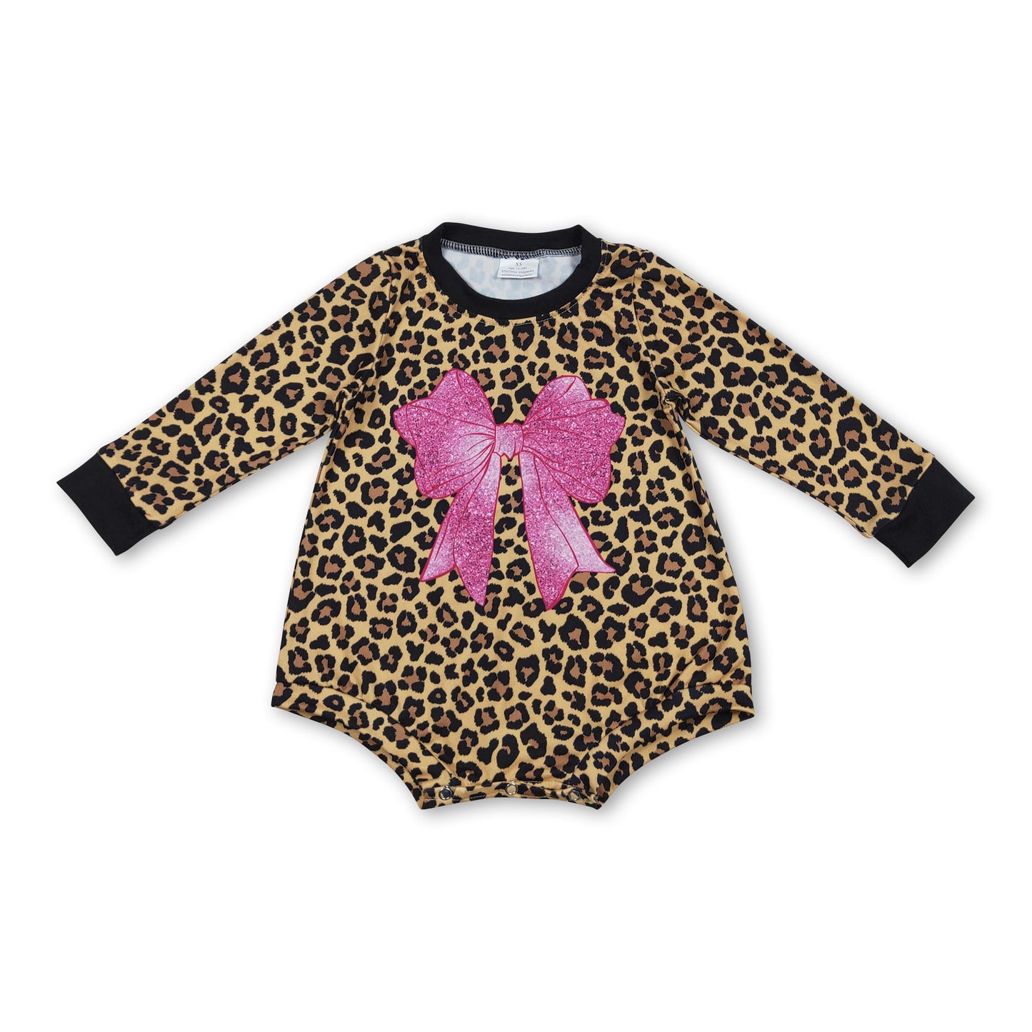 Long sleeves leopard pink bow baby girls romper