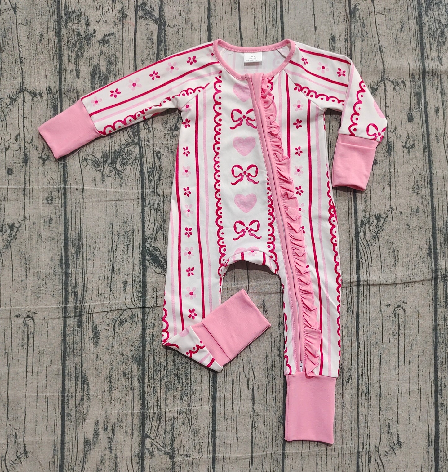Long sleeves pink bow heart baby girls valentine's zip romper