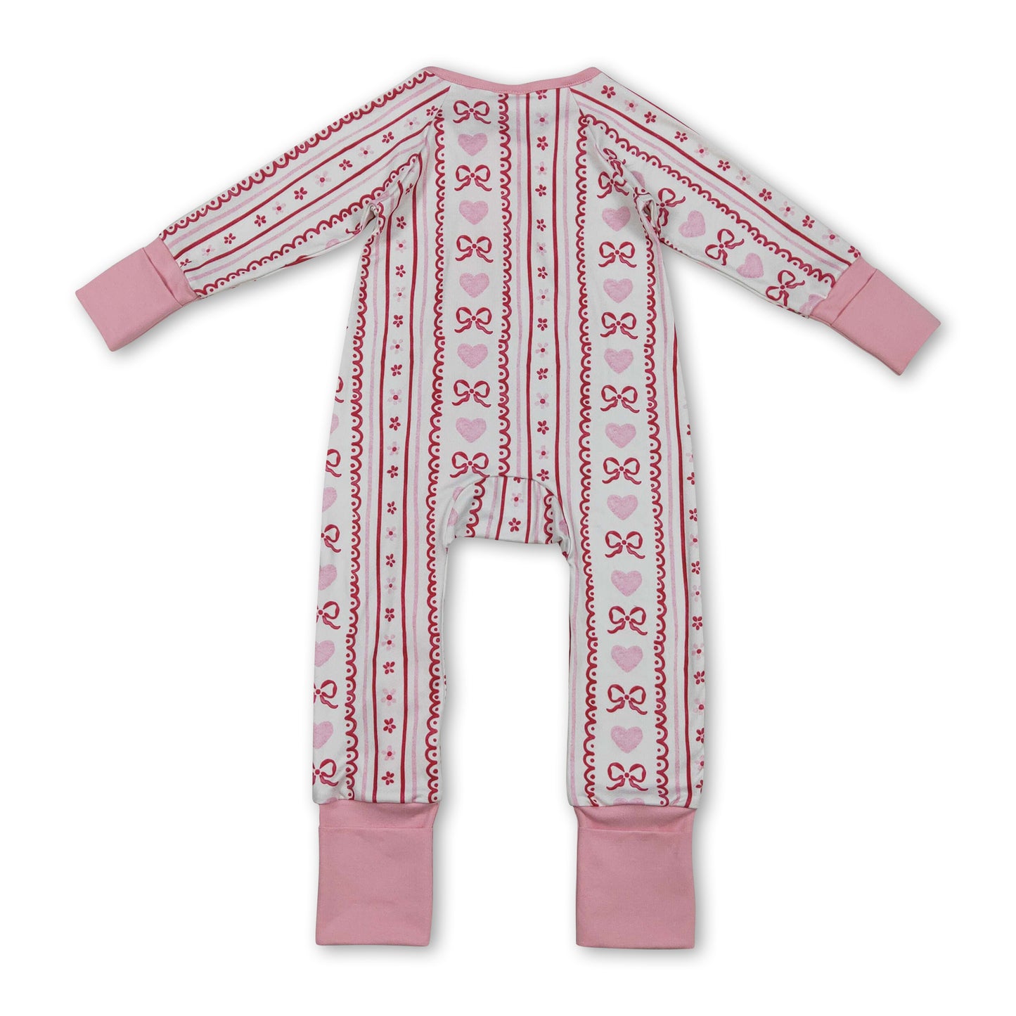 Long sleeves pink bow heart baby girls valentine's zip romper