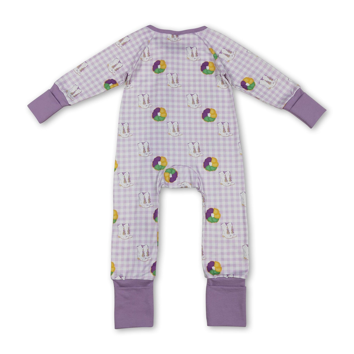Plaid donut boots baby girls Mardi Gras zipper romper