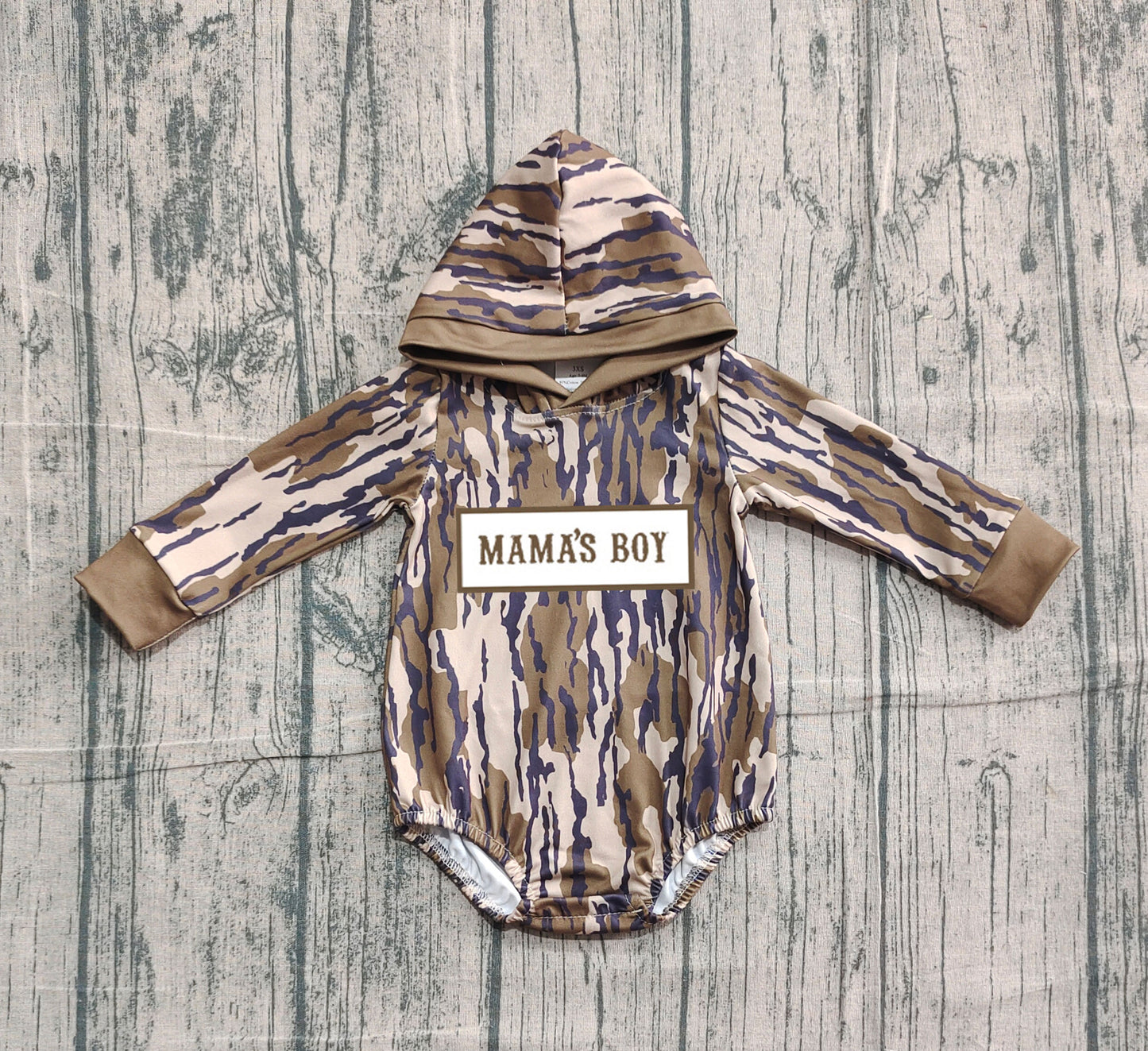 Long sleeves Mama's boy olive camo baby hoodied romper