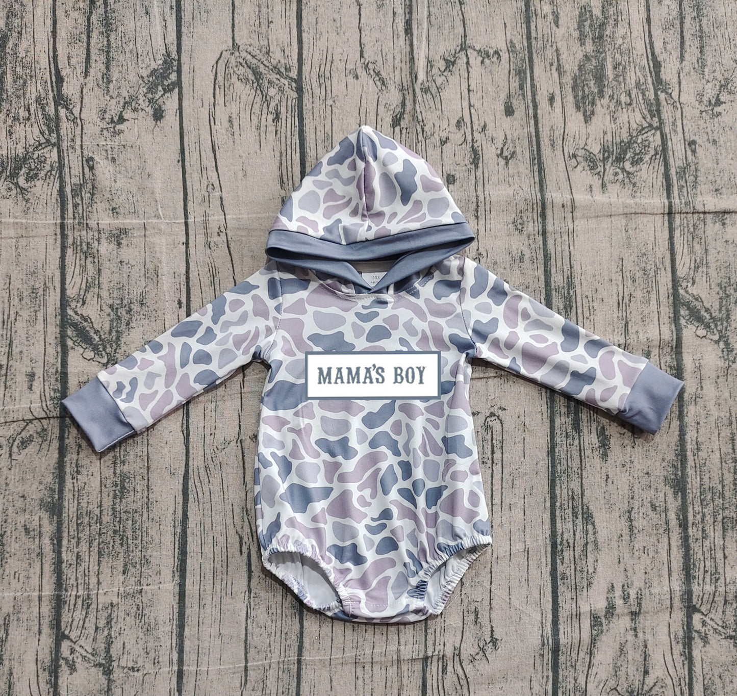 Long sleeves grey camo Mama's boy baby hooded romper