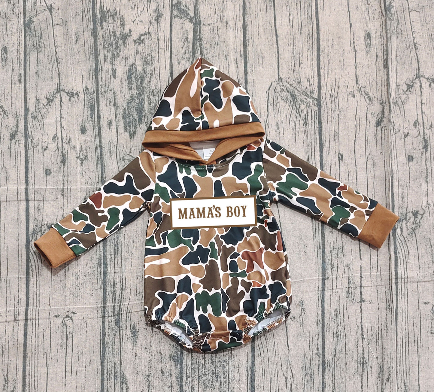Long sleeves brown camo Mama's boy baby hooded romper