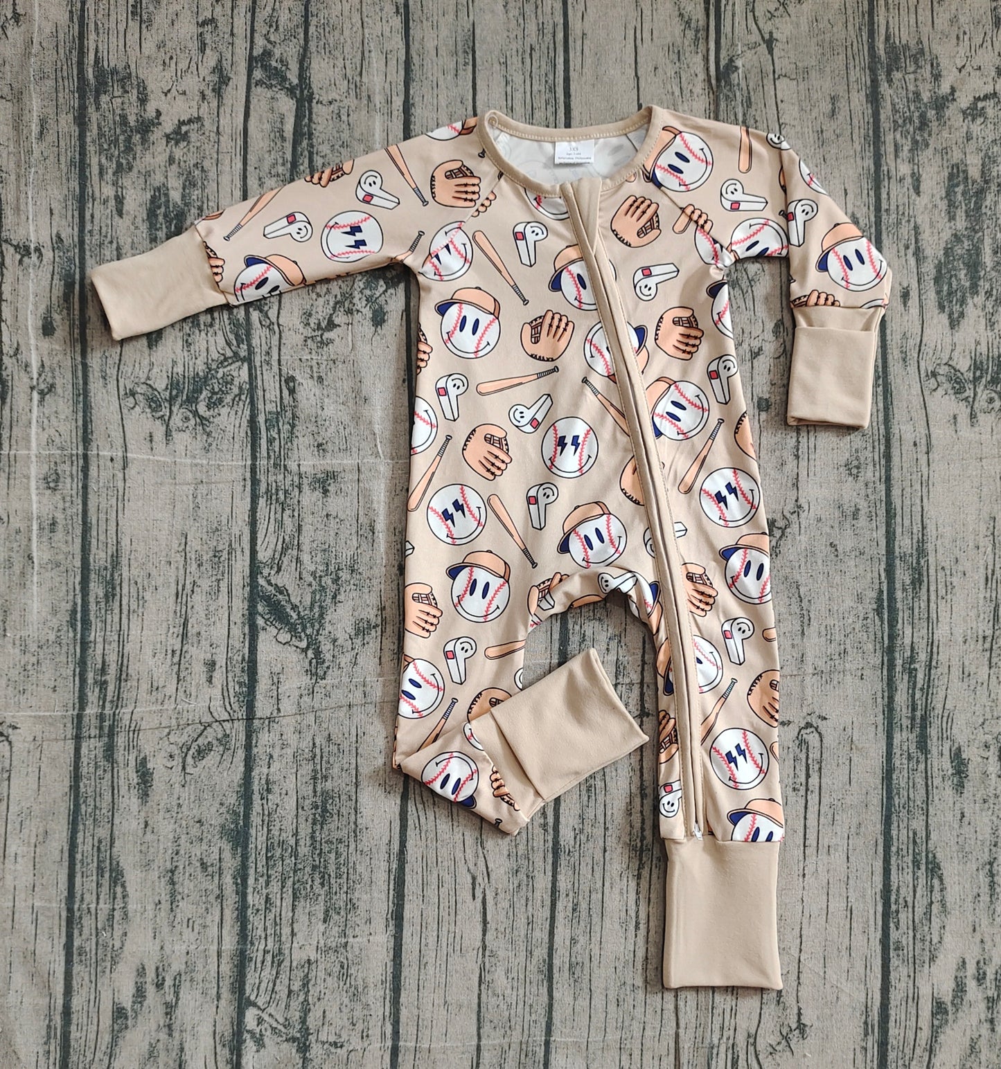 Long sleeves khaki baseball baby kids zipper romper