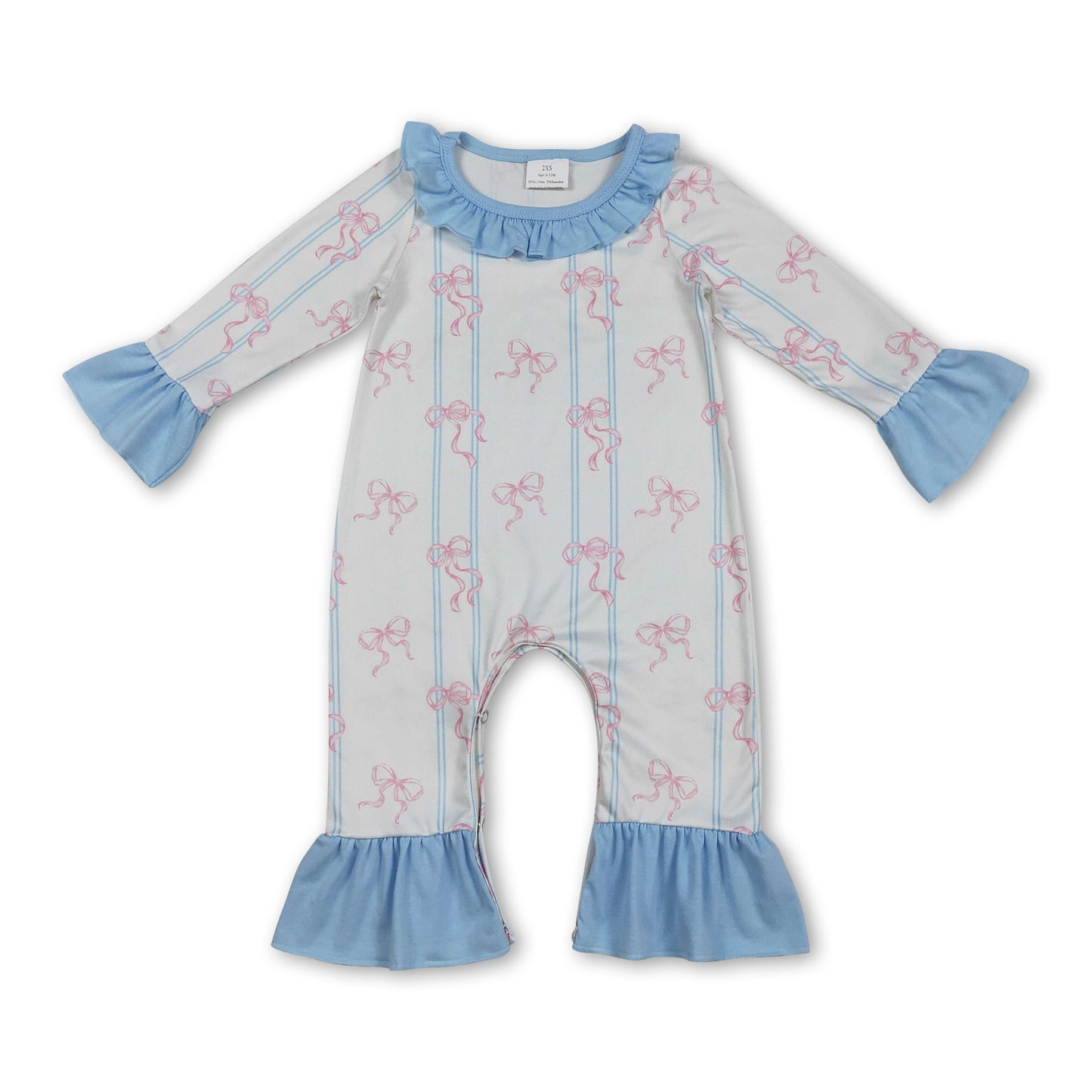 Long sleeves pink bow stripe ruffle baby girls romper