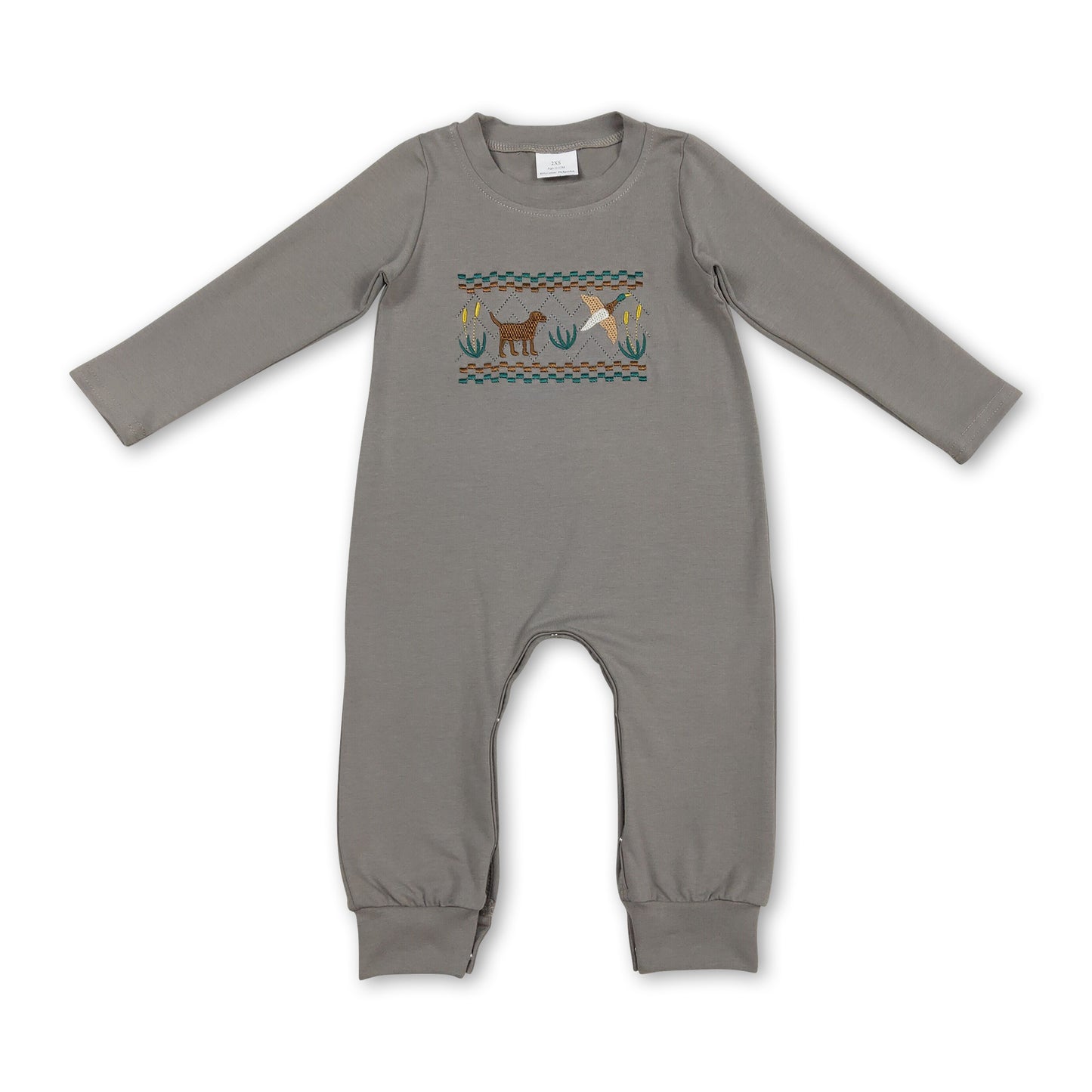Grey long sleeves hunting dog duck baby boy romper