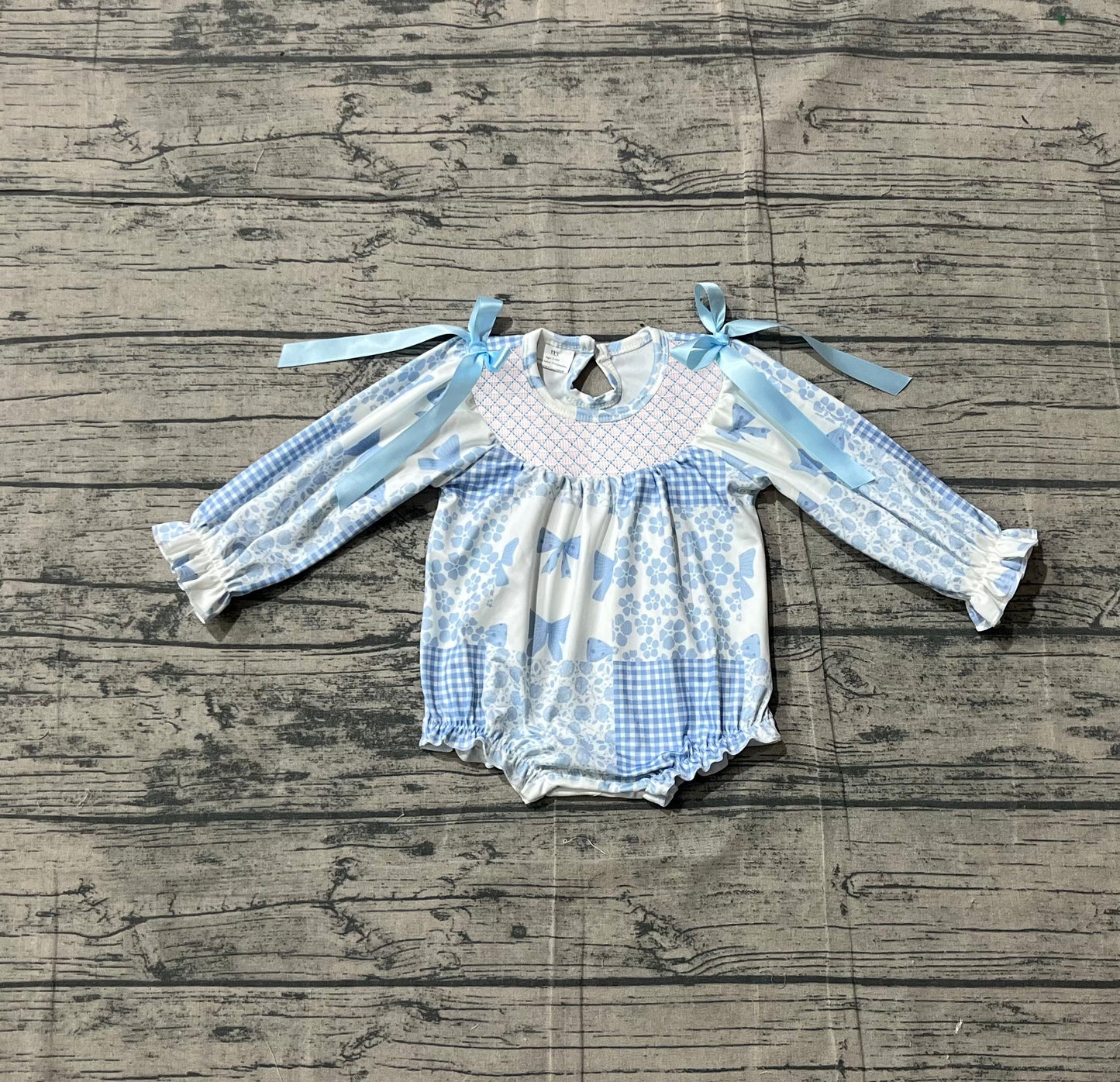 Long sleeves light blue smocked bow floral baby girls romper