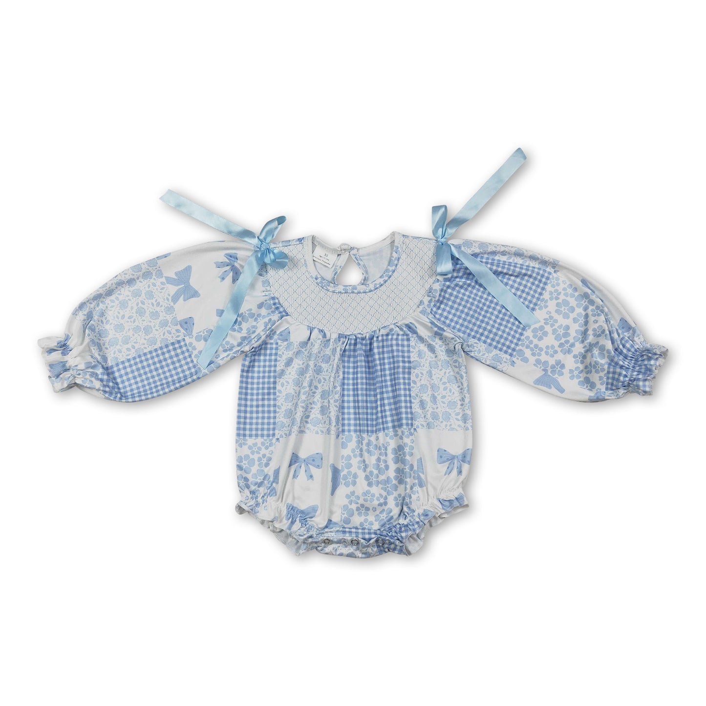 Long sleeves light blue smocked bow floral baby girls romper