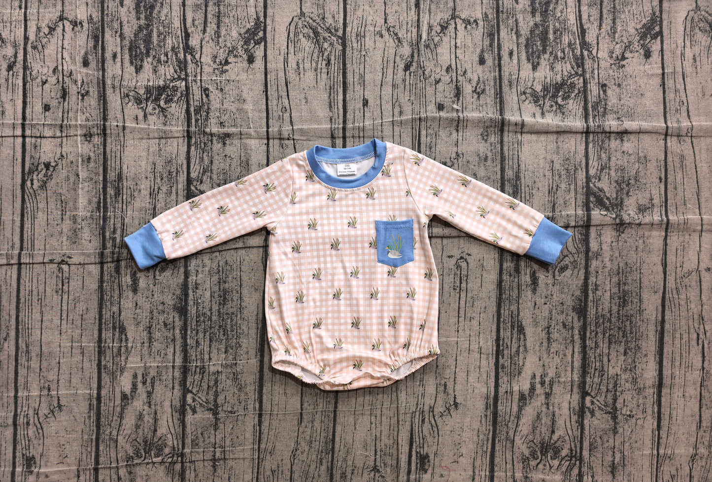 Long sleeves duck embroidery pocket plaid baby boy romper