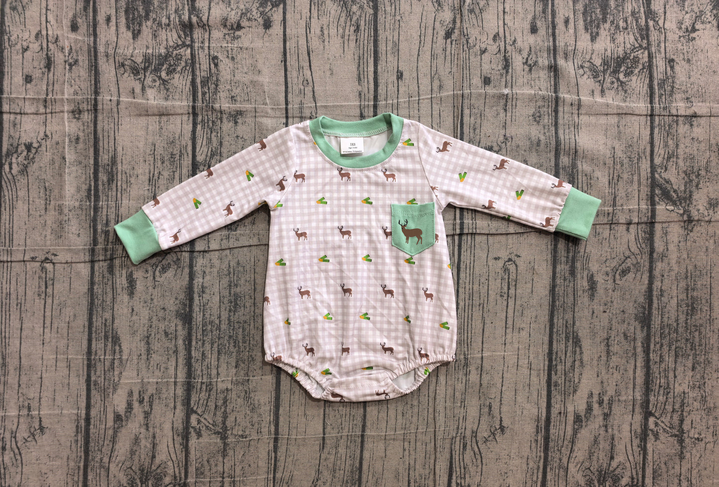 Long sleeves deer embroidery pocket plaid baby boy romper