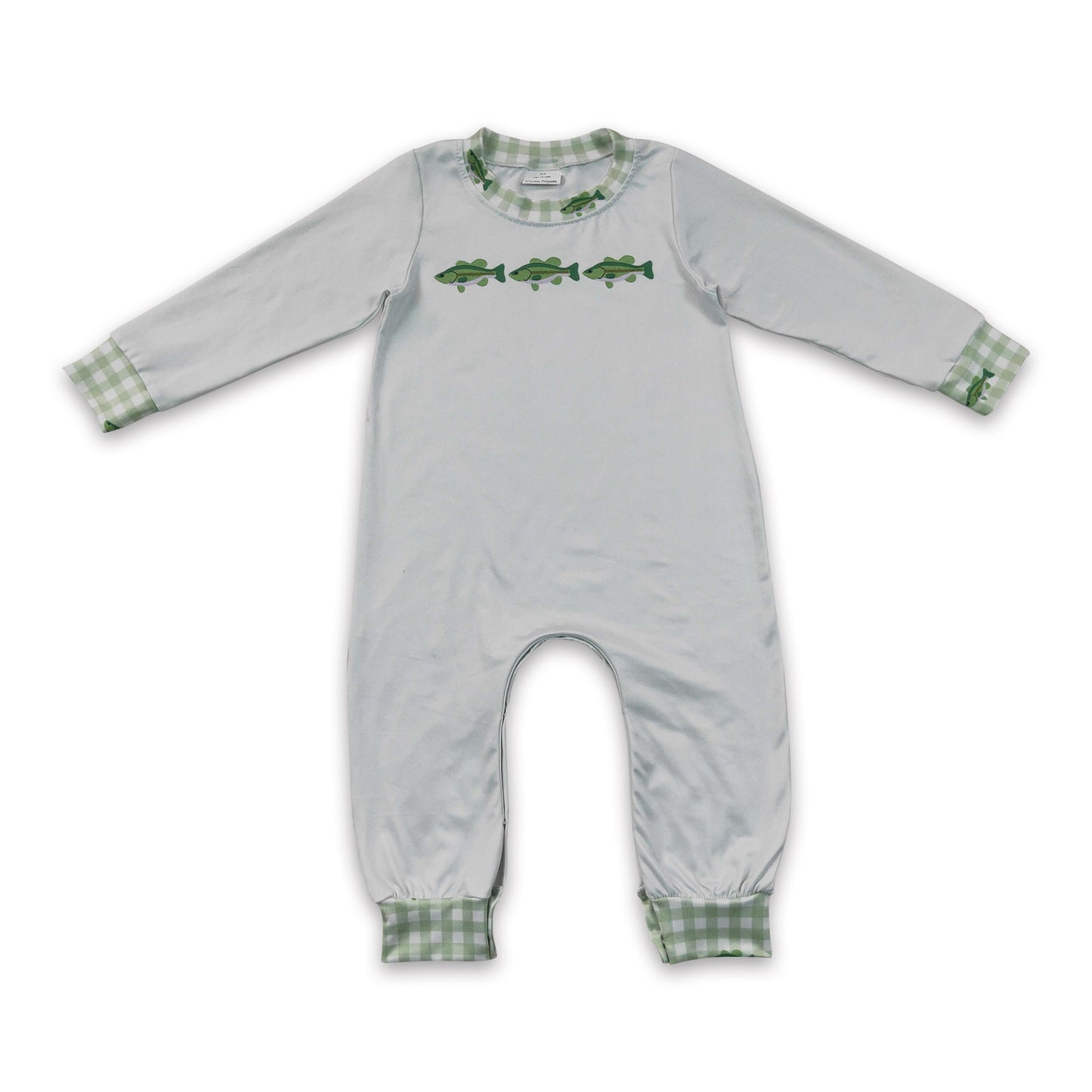 Long sleeves green plaid fish baby boy romper