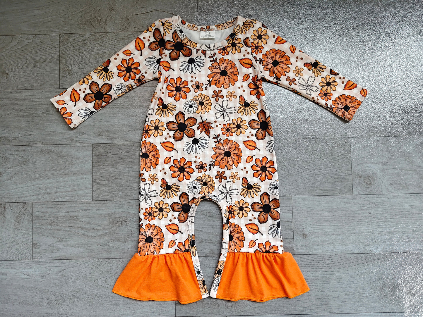 Orange ruffle floral long sleeves baby girls fall romper
