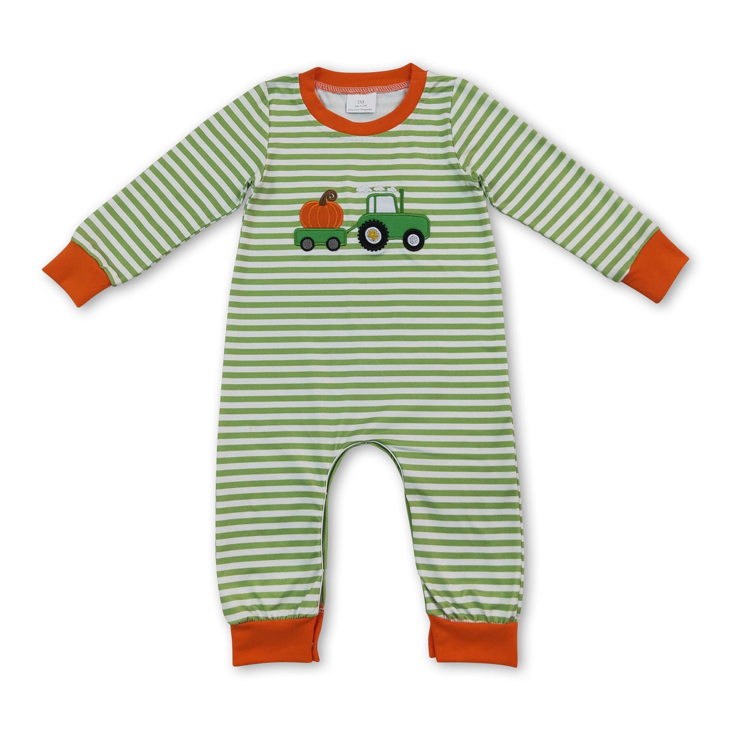 Green stripe pumpkin embroidery baby boy fall romper