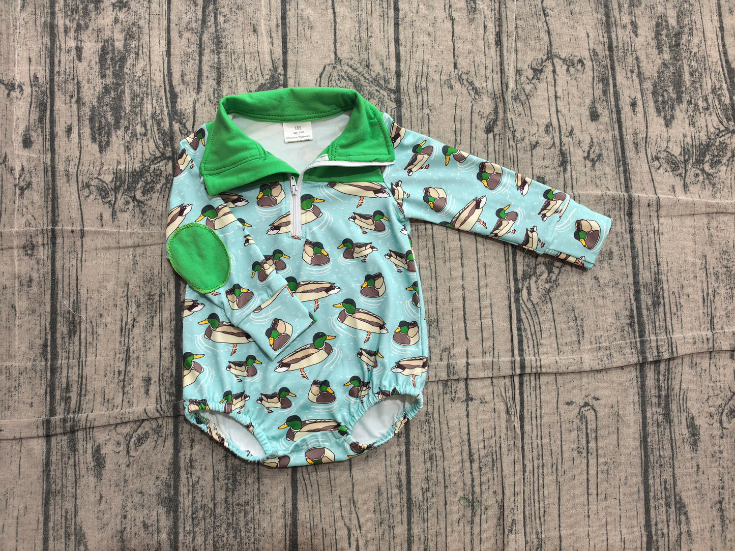 Long sleeves green duck zipper baby boy fall romper