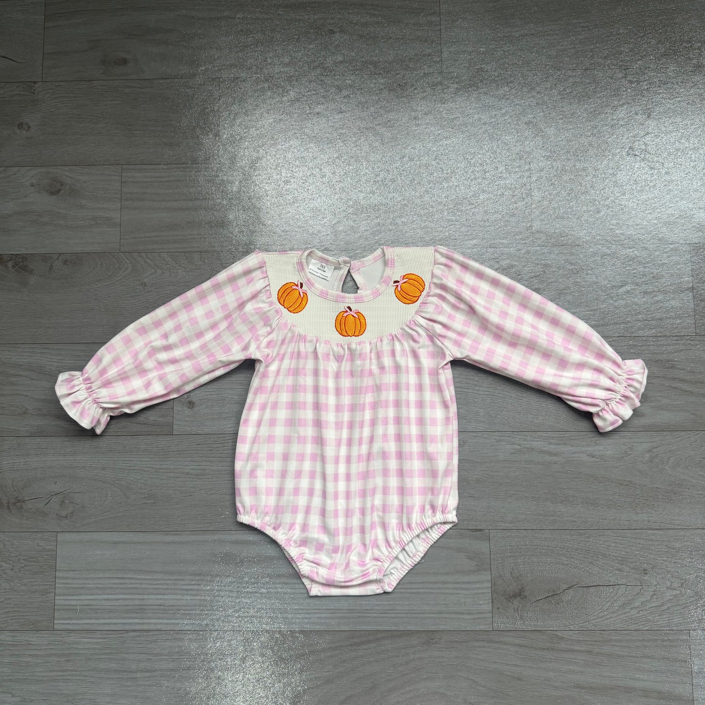 Pink plaid pumpkin smocked baby girls fall romper