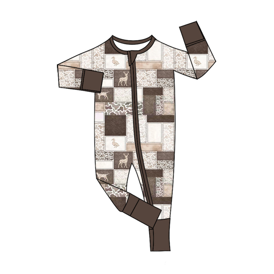 Brown camo duck dog deer baby kids zipper romper