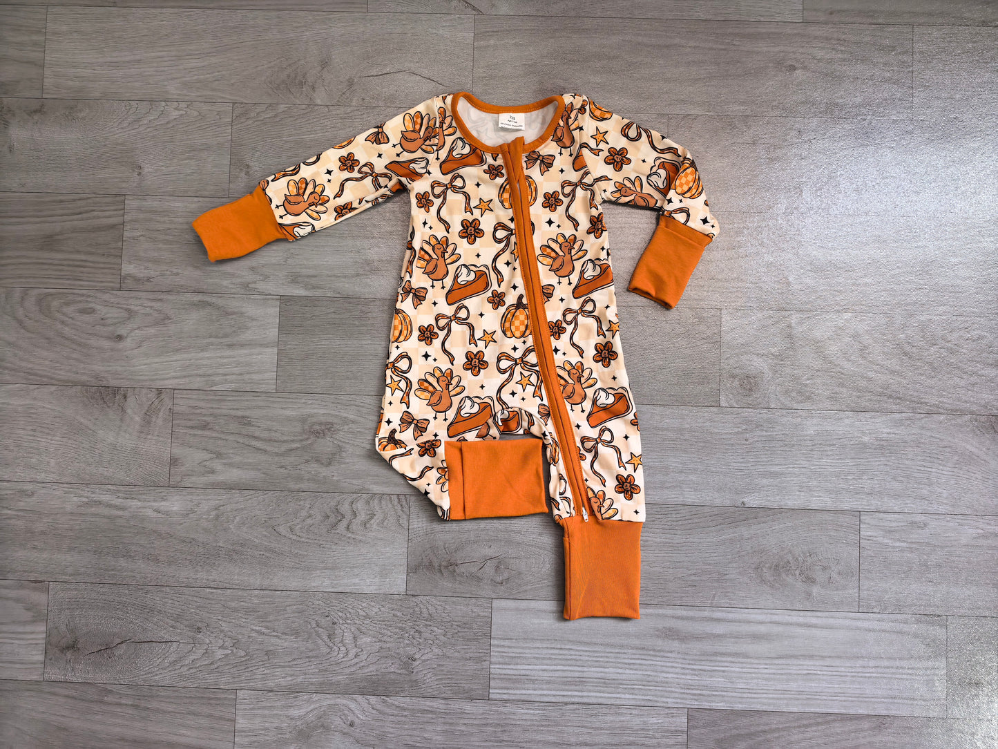 Pumpkin pie turkey bow baby girls Thanksgiving zipper romper