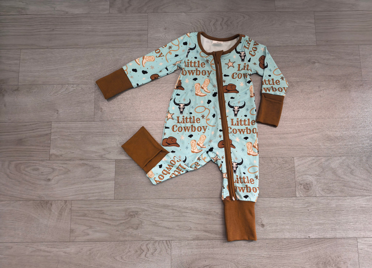 Little cowboy bull skull western baby boy zipper romper
