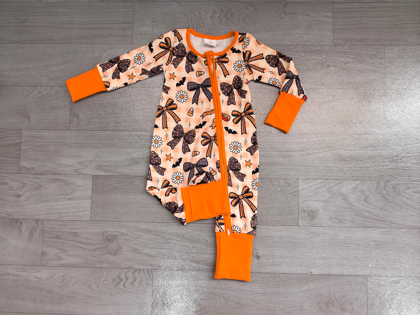 Plaid bow candy corn baby Halloween zipper romper