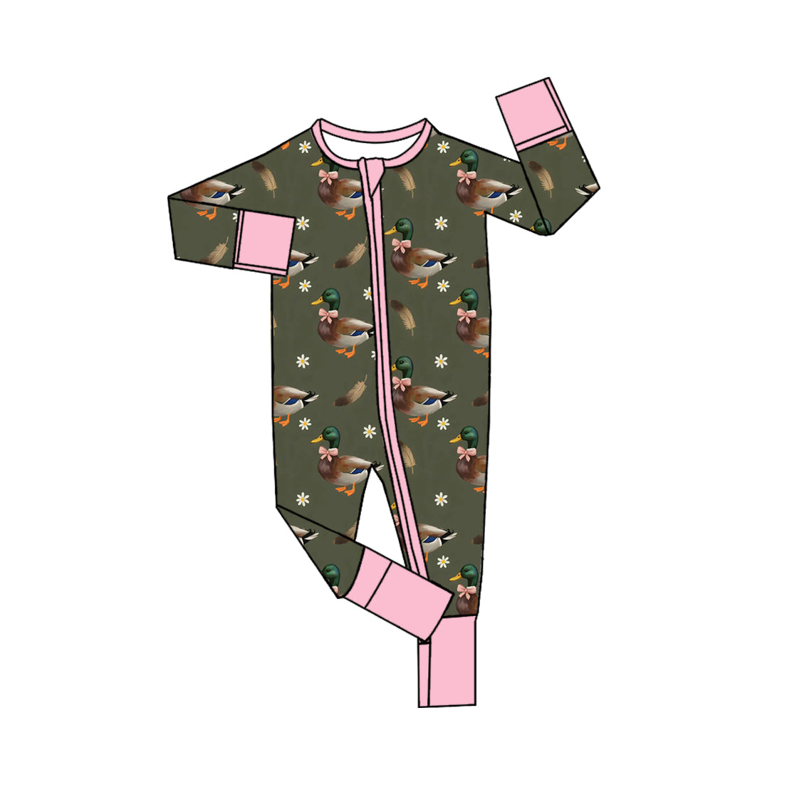 Pink long sleeves duck bow floral baby girls zipper romper