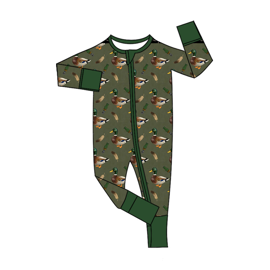 Green long sleeves duck call baby boys zipper romper
