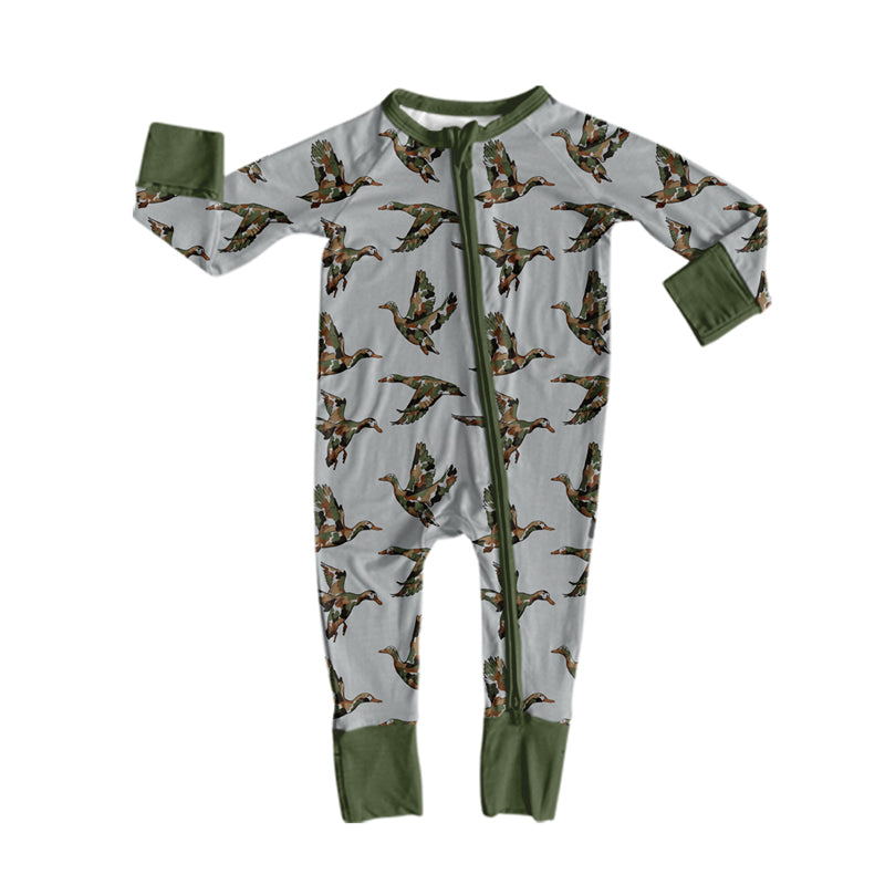 Green long sleeves camo duck baby boys zipper romper
