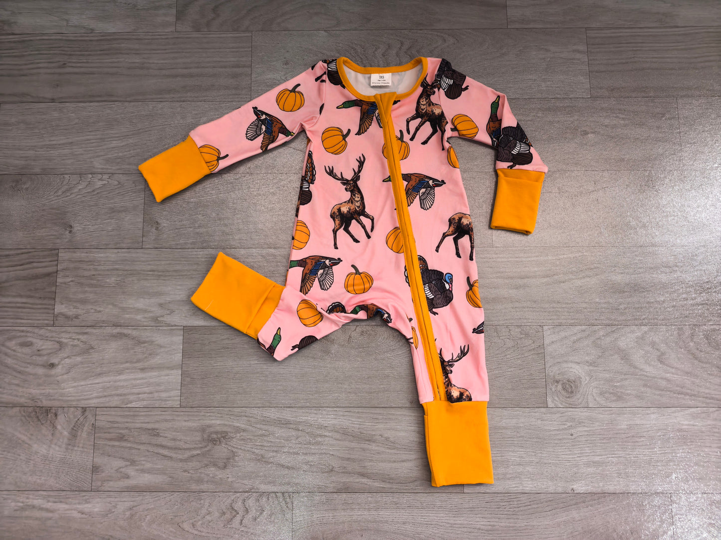 Duck deer turkey pumpkin baby girl fall zipper romper
