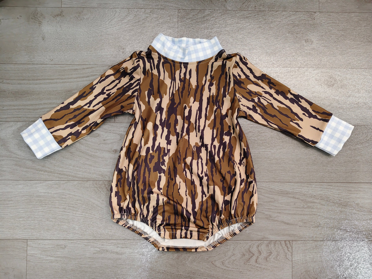 Light blue plaid olive camo long sleeves baby kids romper