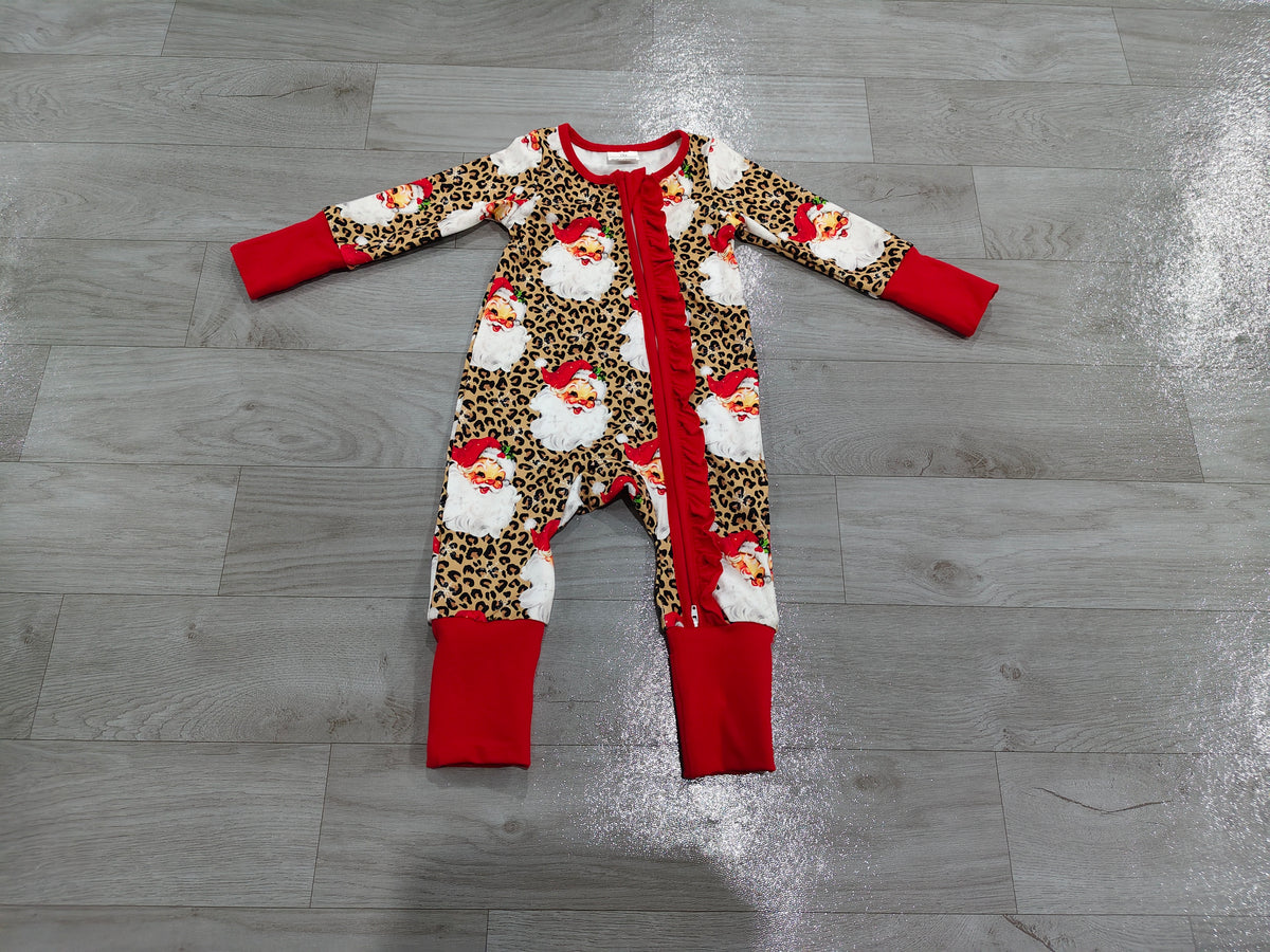Long sleeves leopard santa baby Christmas zipper romper