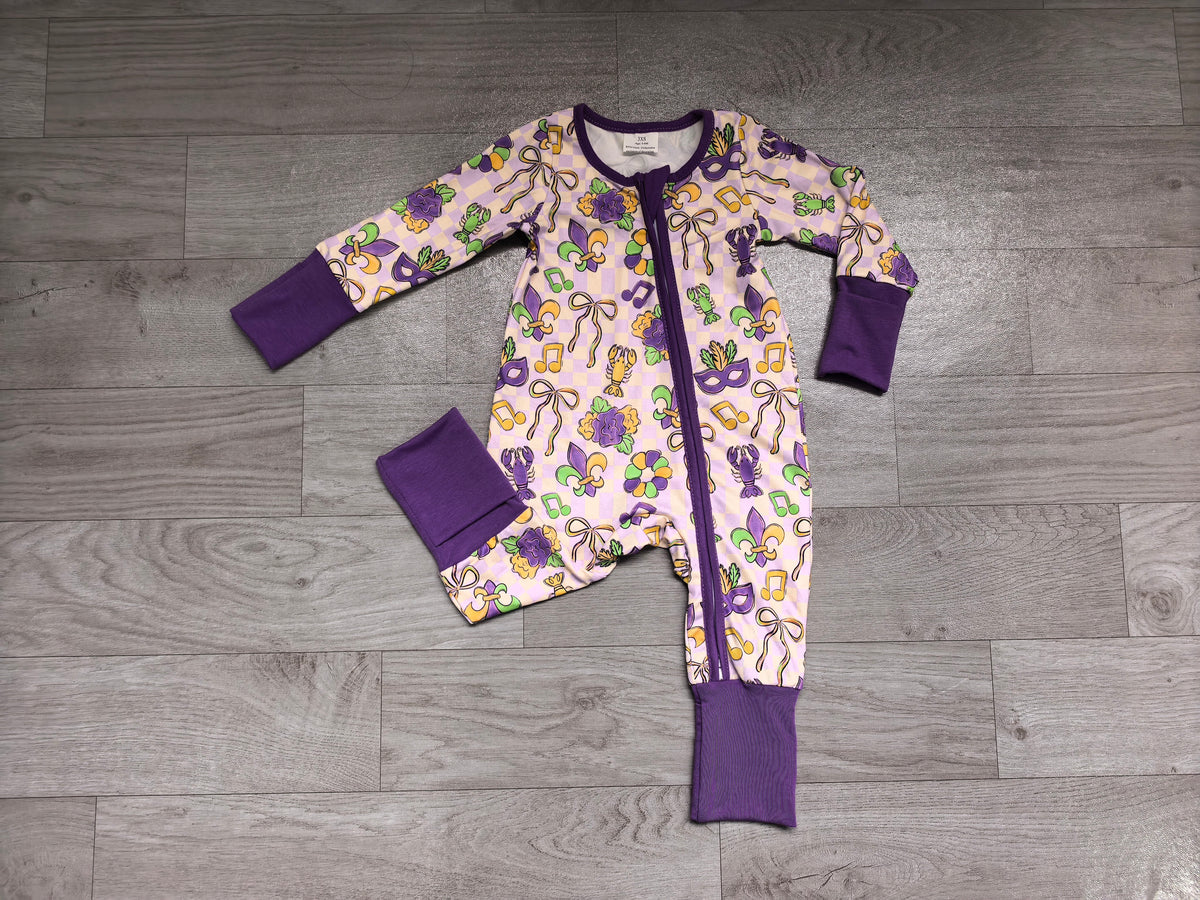 Plaid bow crawfish baby girls Mardi Gras zipper romper