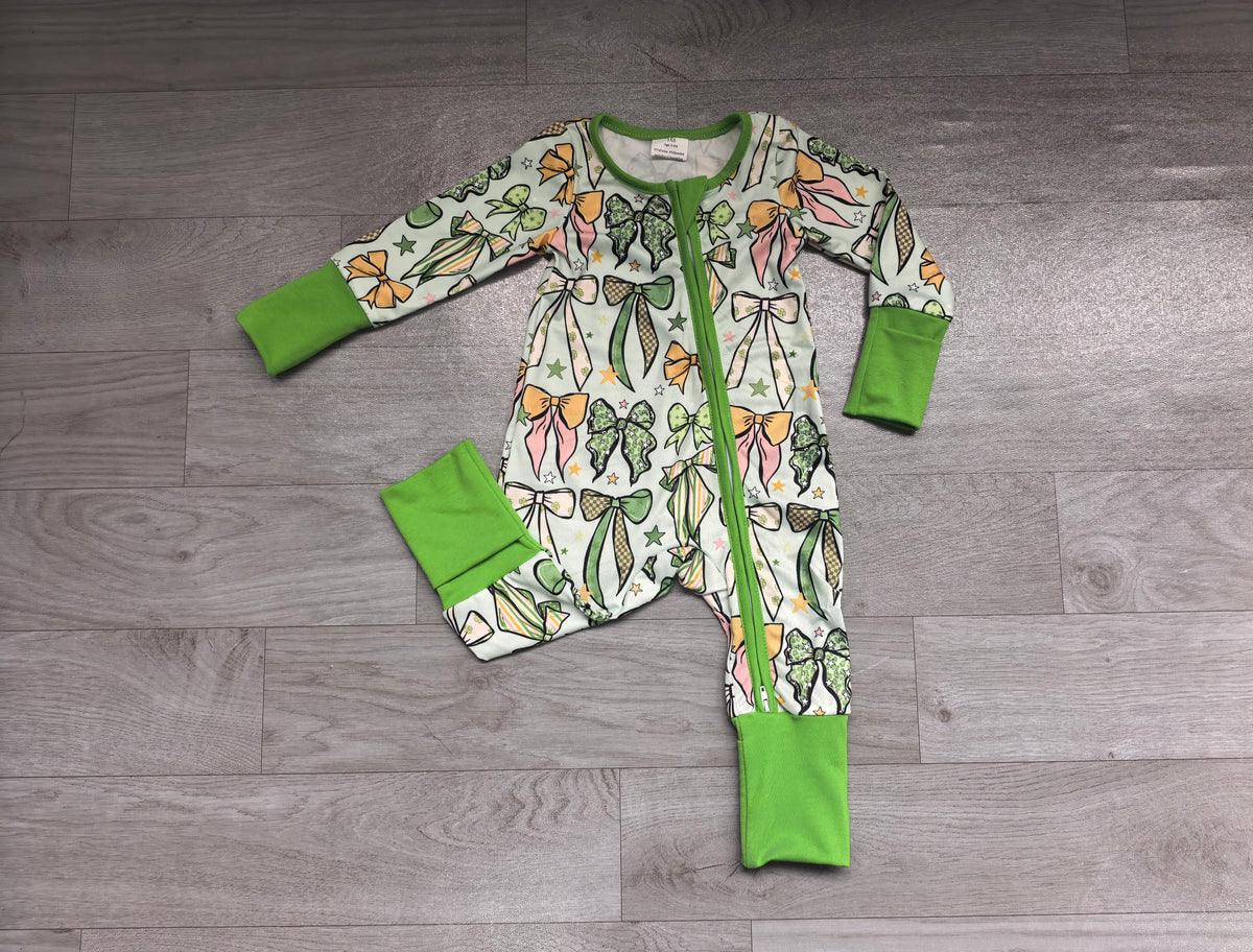 Green bows baby girls St Patrick's zipper romper
