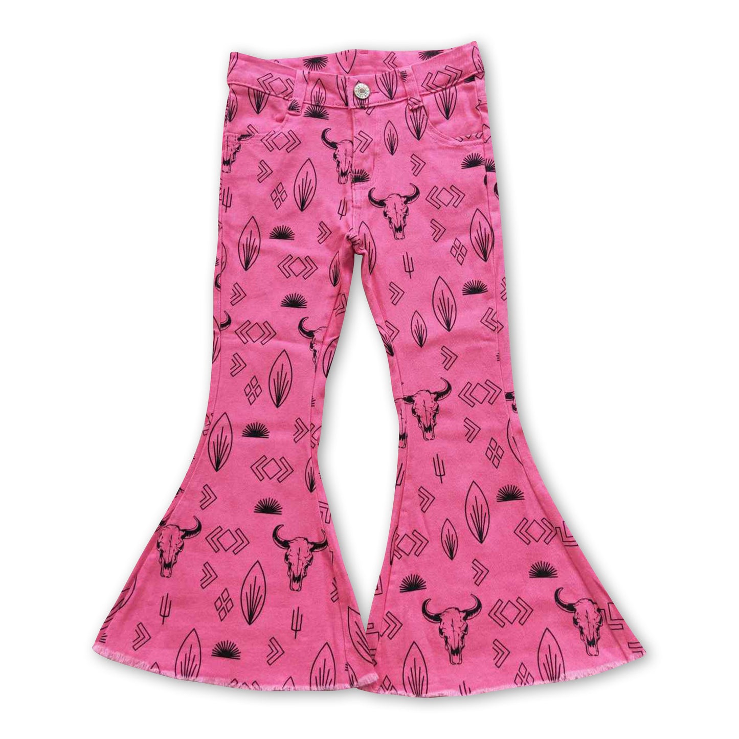 Hot pink bull skull cactus denim pants girls western jeans ship from US