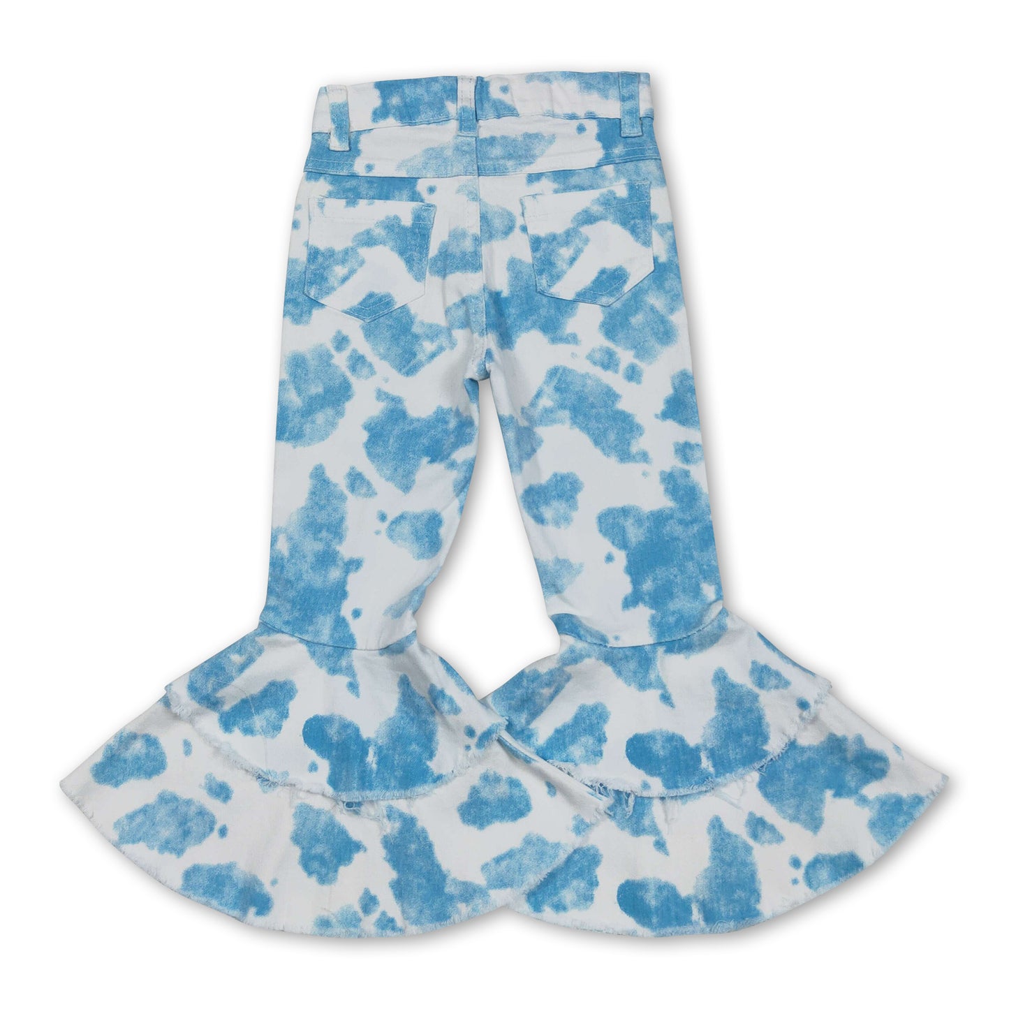 Light blue cow print kids girls ruffle jeans