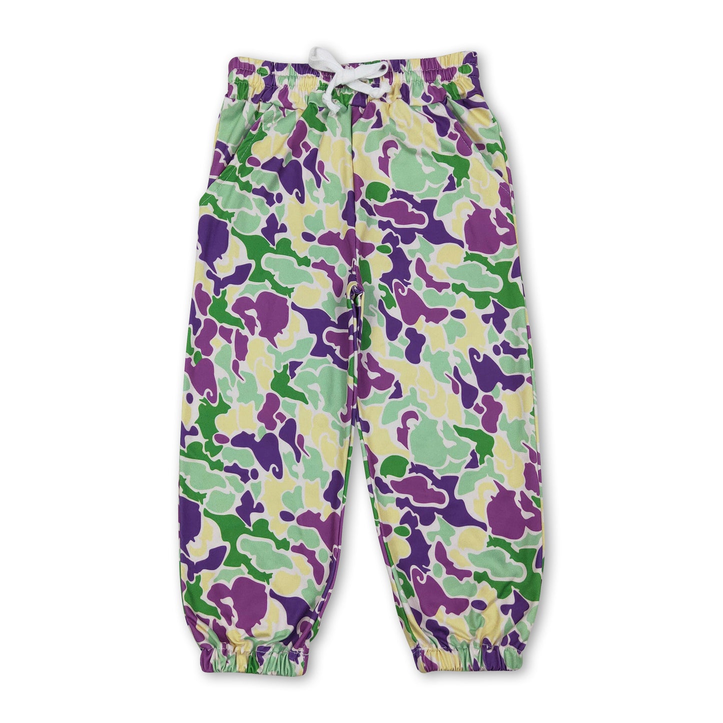 Purple yellow green camo kids Mardi Gras pants