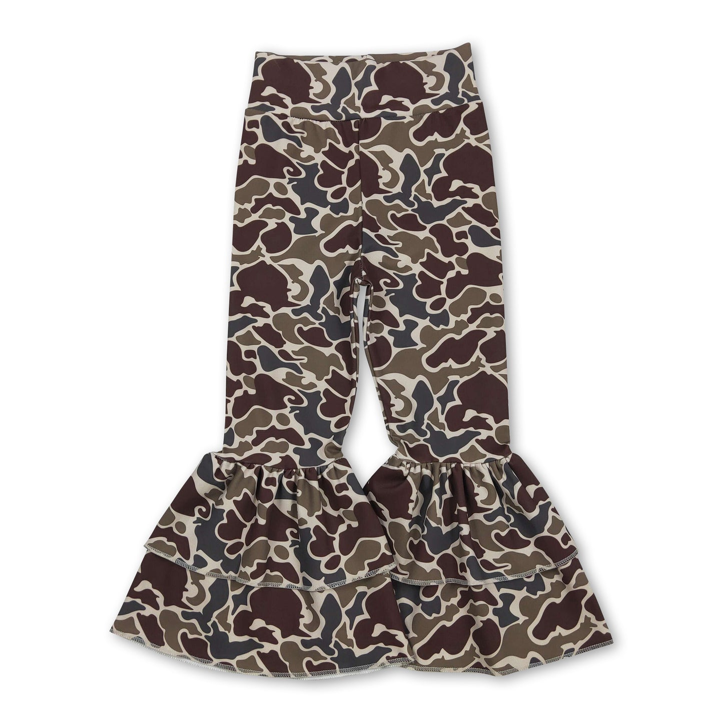 Brown camo double ruffle kids girls active yoga pants
