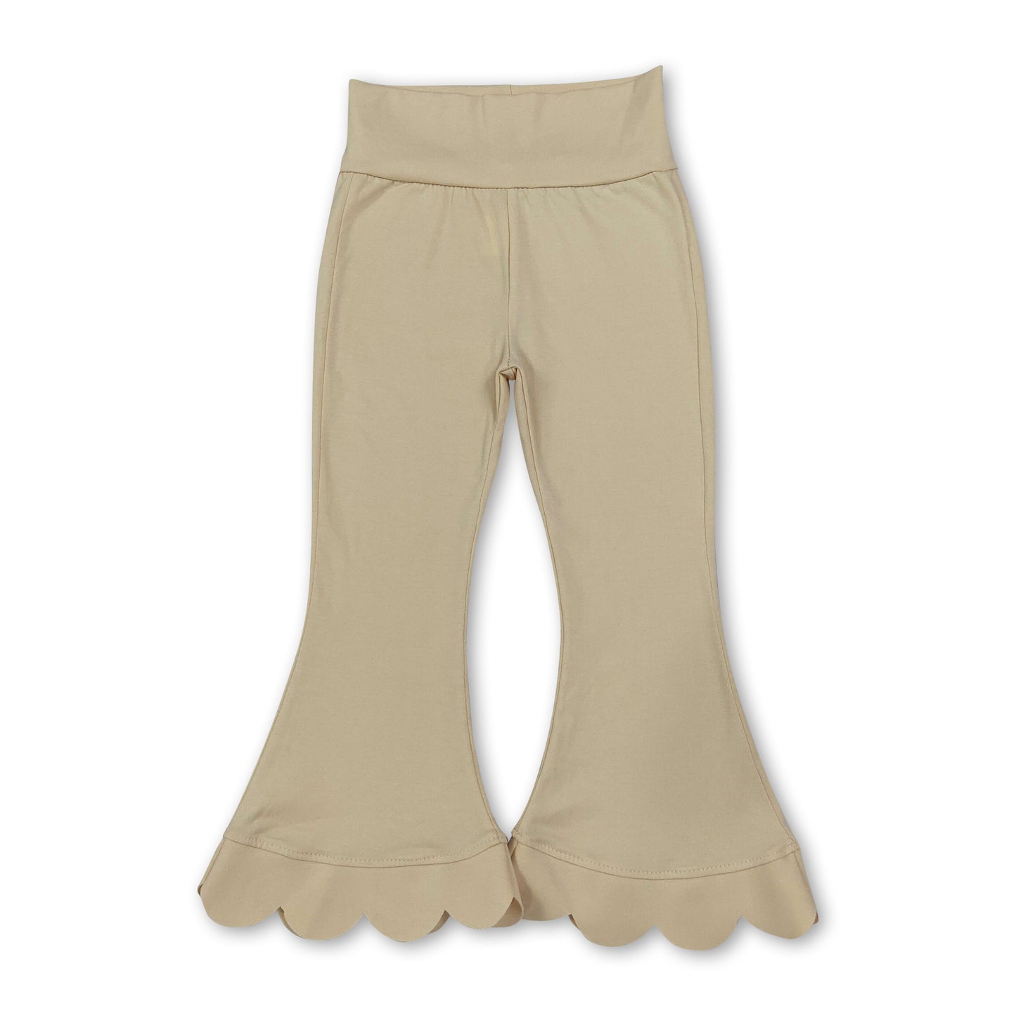 High waist beige cotton scallop kids girls flare pants