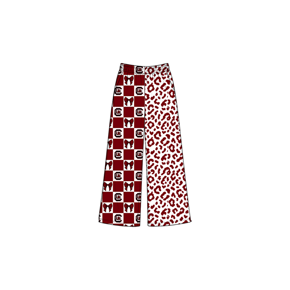 C maroon bow plaid leopard kids girls team pants