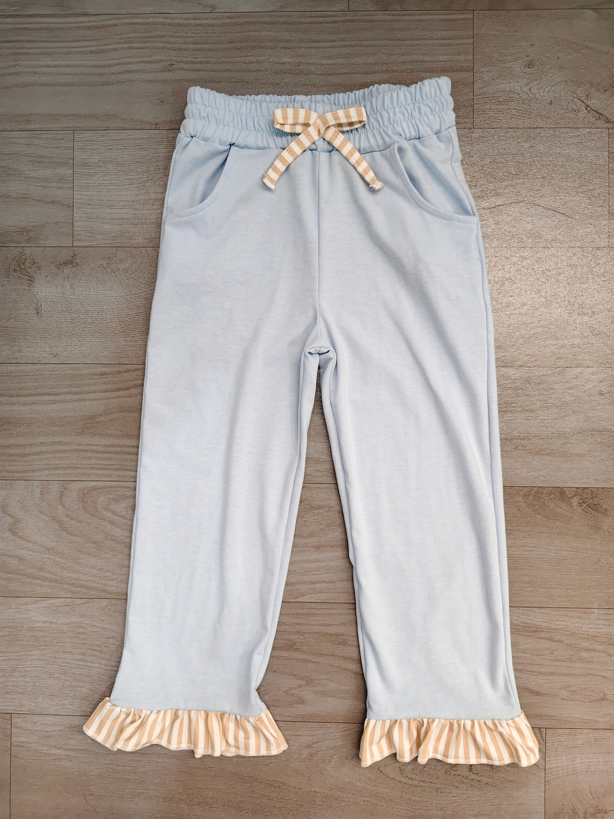 Light blue cotton stripe ruffle kids girls pants