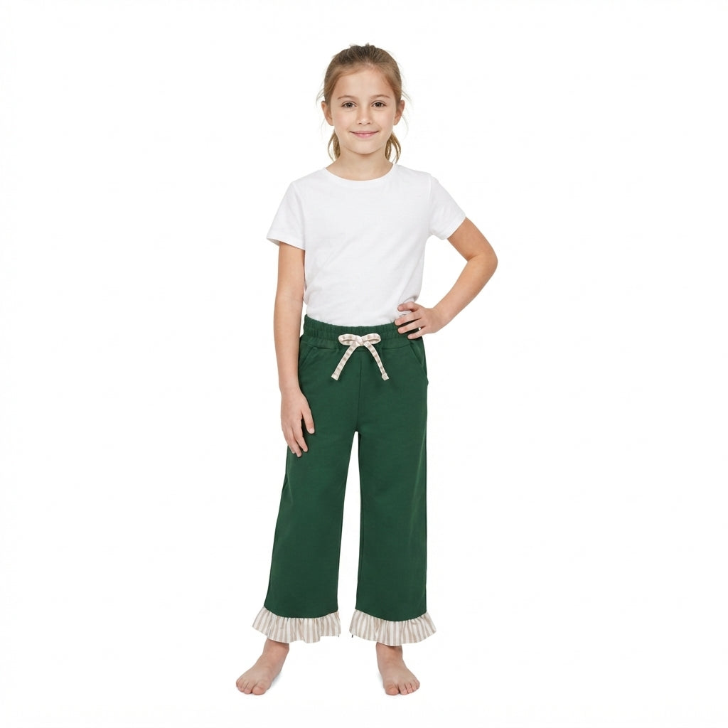 Green cotton khaki stripe ruffle kids girls pants