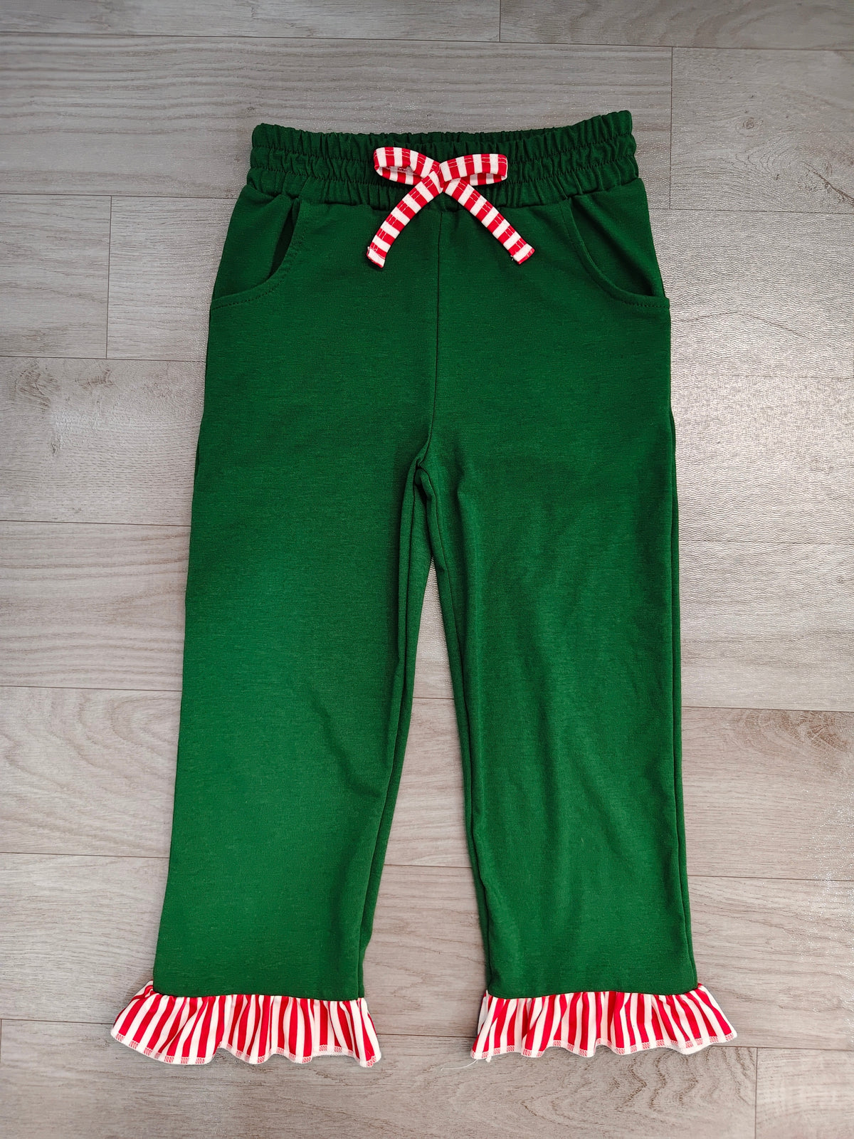 Green cotton red stripe ruffle kids girls pants