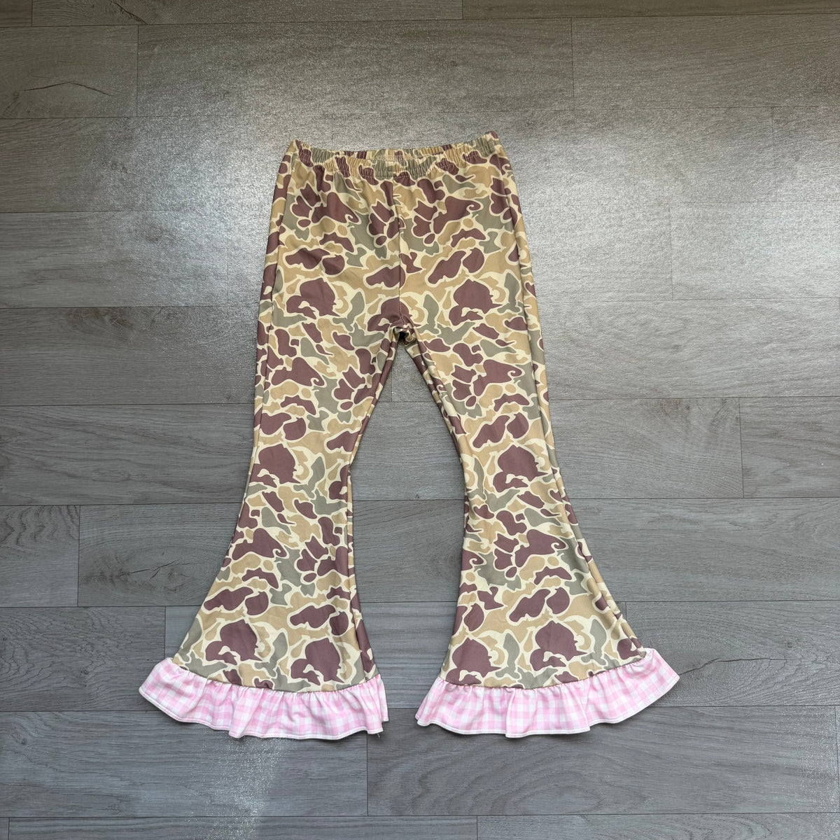 Pink plaid ruffle camo kids girls bell bottom pants