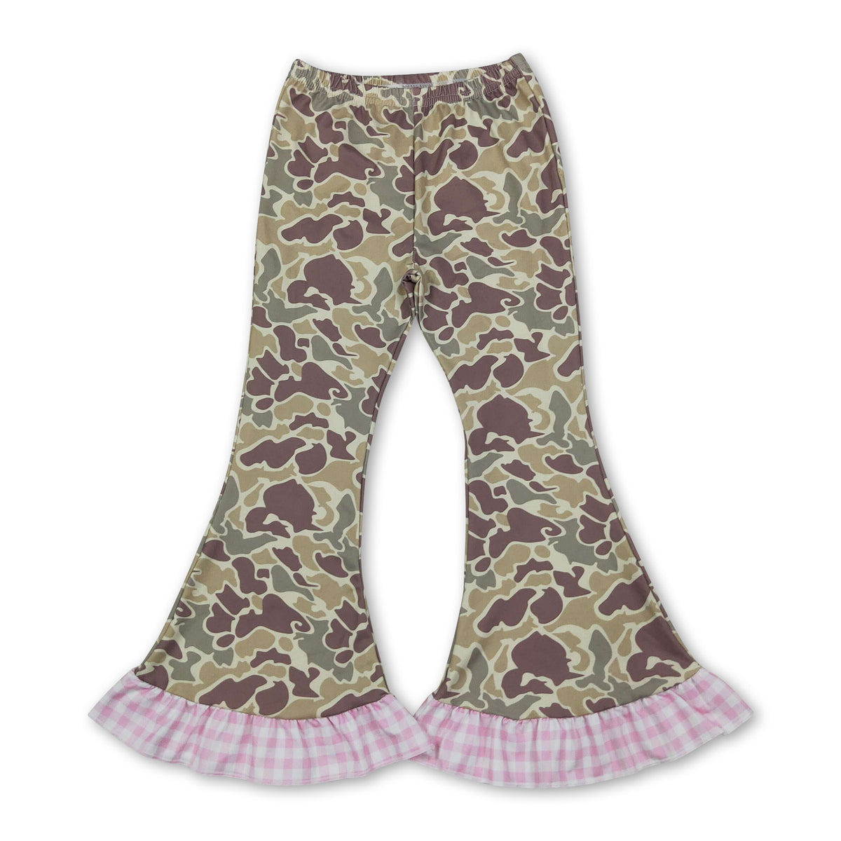 Pink plaid ruffle camo kids girls bell bottom pants