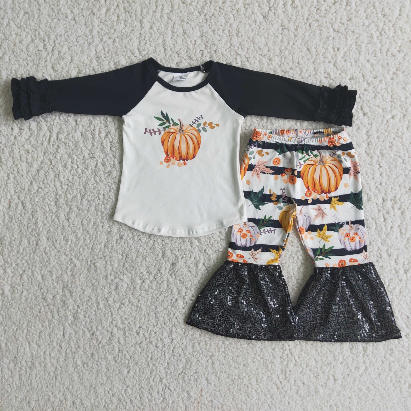 Pumpkin print sequin bell bottom pants girls fall clothing