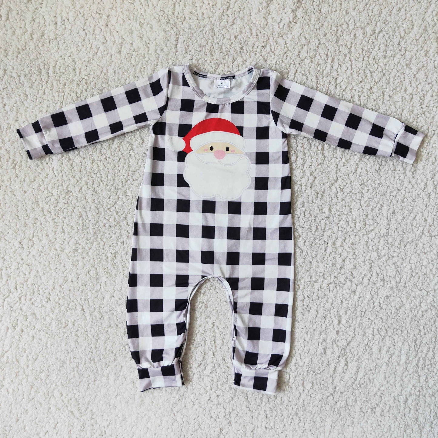 Plaid Santa screen print long sleeve boy Christmas romper