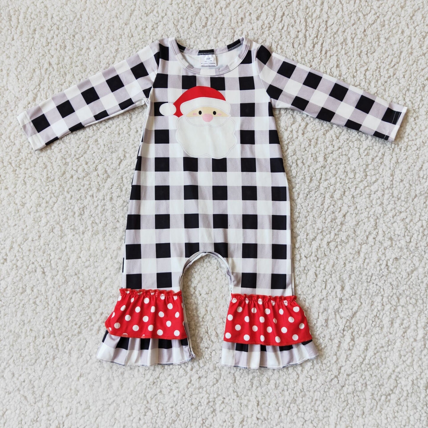 Plaid Santa screen print long sleeve girl Christmas romper